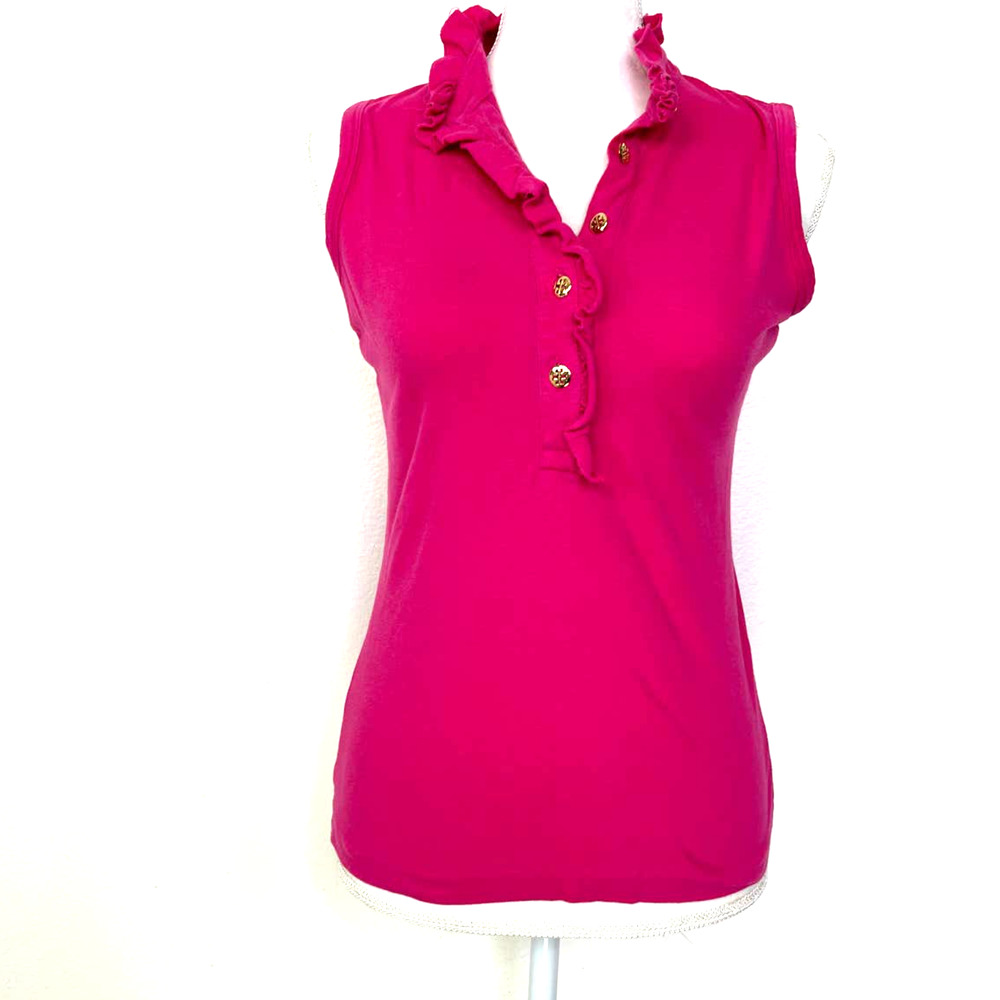 TORY BURCH Small Top Pink Sleeveless Ruffle Neckline Gold Buttons Cotton Blend